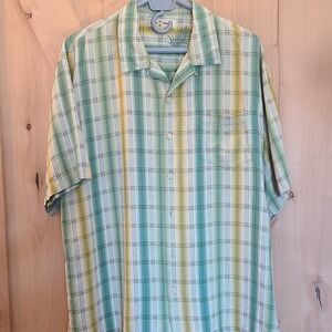 Tommy Bahama Silk Button Up Shirt Plaid Green Yellow Short Sleeve Men's XL